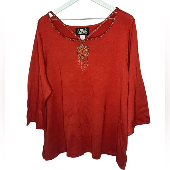 Bob Mackie Sweaters - NEW Bob Mackie Wearable Art Beaded Neck Cutout Sweater Artsy Mature Orange 2X